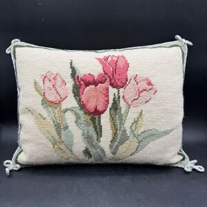 Vintage Peking Handicraft Needlepoint Tulip Pillow Cotton Wool Tan 12x14 Cottage